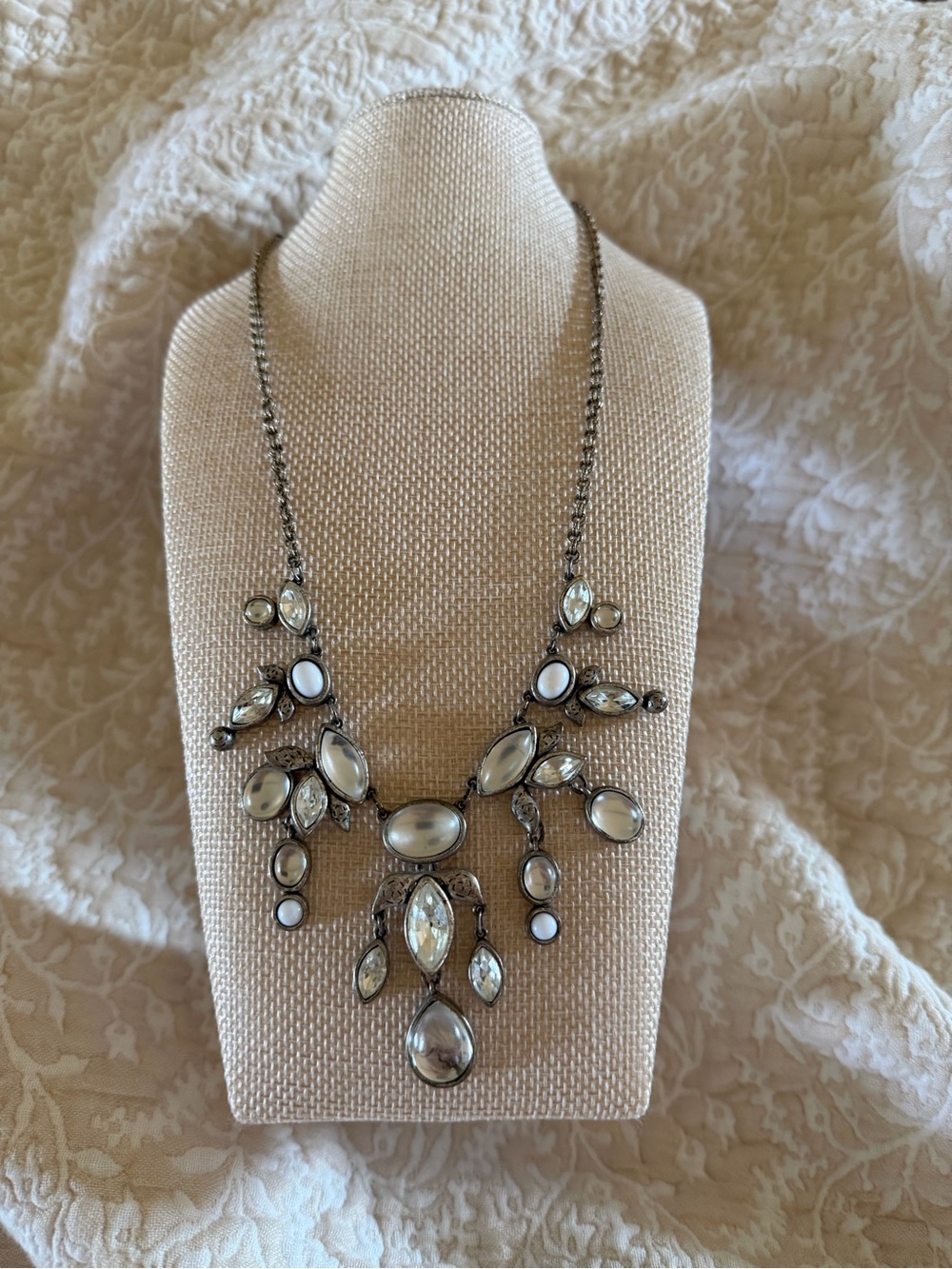 Chico's White and Silver Pearl & Crystal Bib Necklace